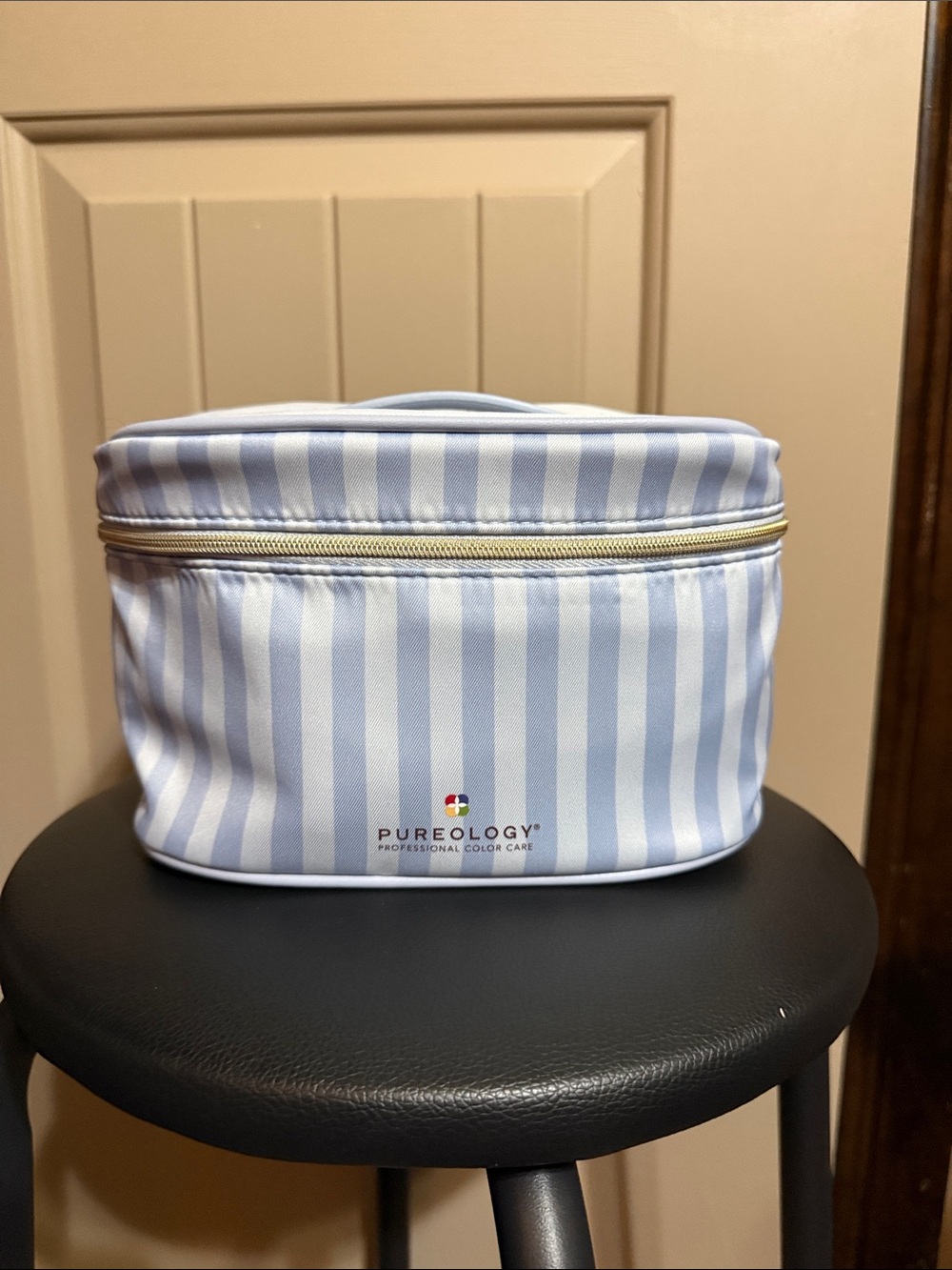 Pureology Blue Stripe Cosmetic Train Case Makeup & Travel Organizer